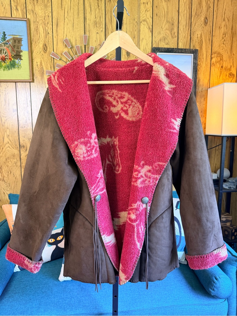 Vintage Bit & Bridle Blanket Jacket with Equestrian Patterned Sherpa Lining